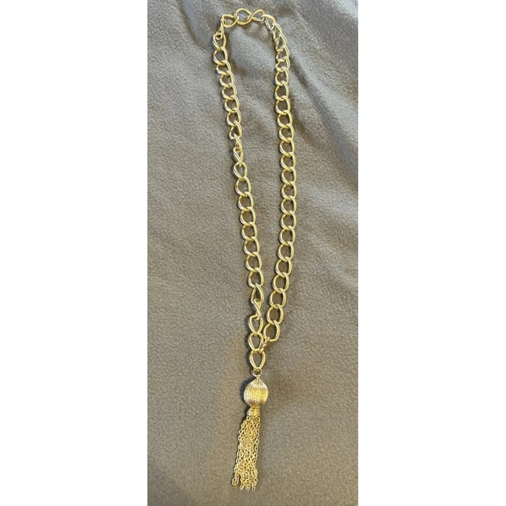 Vintage Gold Tone Chain Belt with Tassel Orb Pendant Textured Link Adjustable